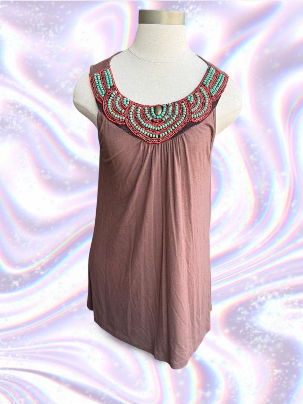Willi Smith Brown Tank with Turquoise and Coral Beaded Neckline